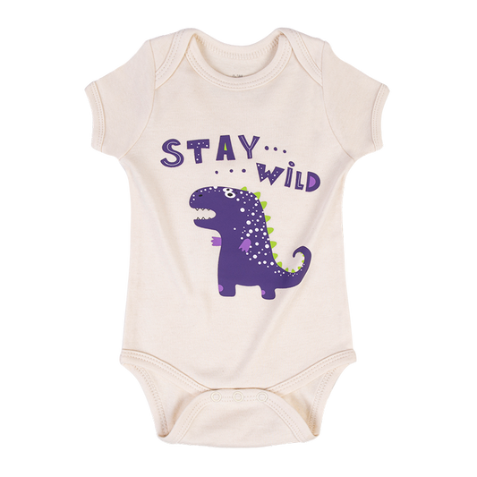 Baby Onesie with Dinosaur Graphic and 'Stay Wild' Lettering, in Cream Color