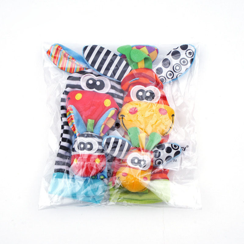 A complete set of baby rattles, including two rattle wristbands and two rattle socks, designed to stimulate and entertain infants.