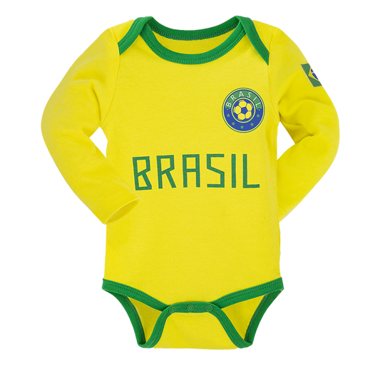 Brazil Baby Soccer Jersey Bodysuit Long Sleeve Envelope-Neck