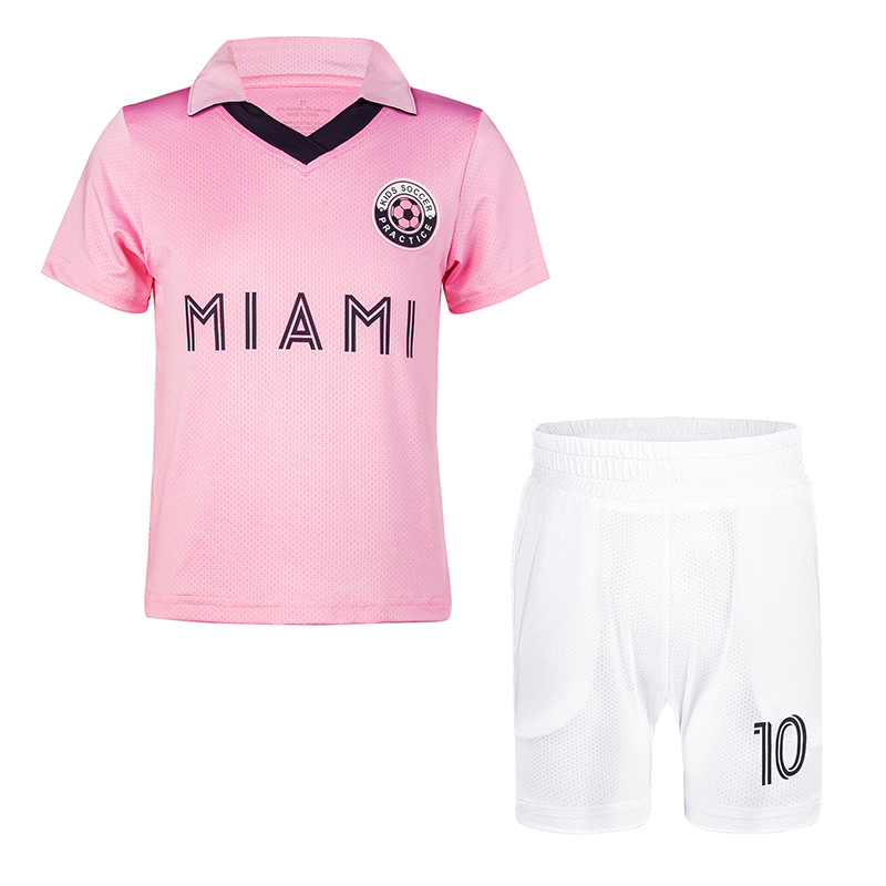 A polo-style jersey paired with white shorts: Pink jersey.