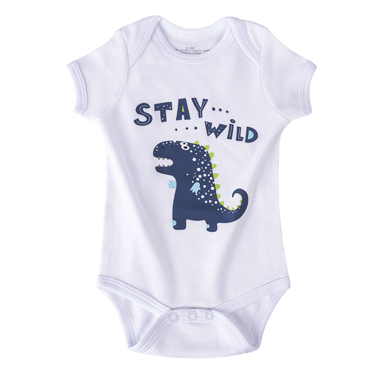 Baby Onesie with Dinosaur Graphic and 'Stay Wild' Lettering, in White Color