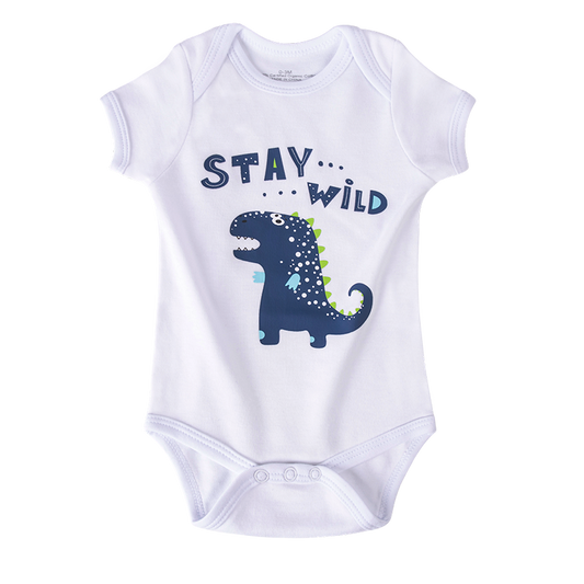 Baby Onesie with Dinosaur Graphic and 'Stay Wild' Lettering, in White Color