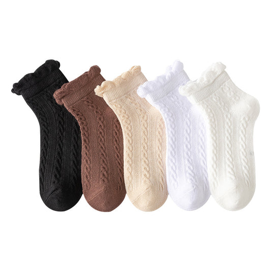 Five pairs of socks in a pack, each in a different color. Mesh design(Twisted braid knit mesh). 