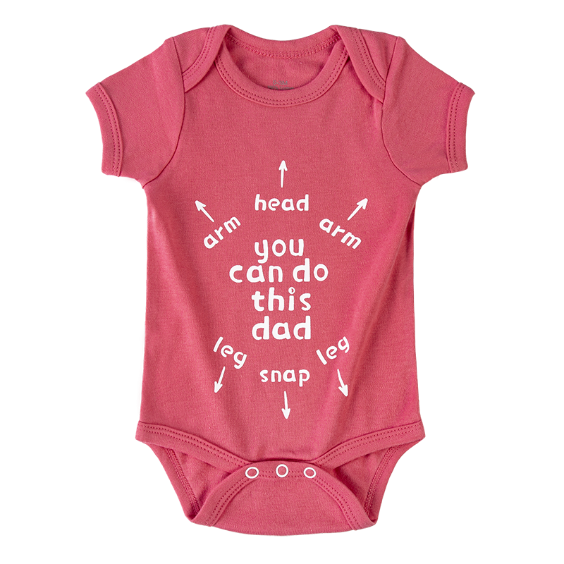 a fun character graphic printed on a Plum-Red base onesie